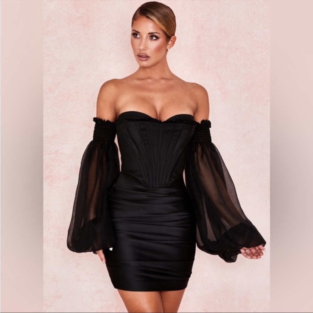 House of CB ‘Beau’ Black Satin and Chiffon Corset Dress NWOT - Picture 8 of 14